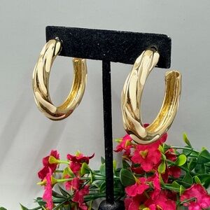 Vintage Gold Plated Hoop Earrings with Cream Enamel Accents